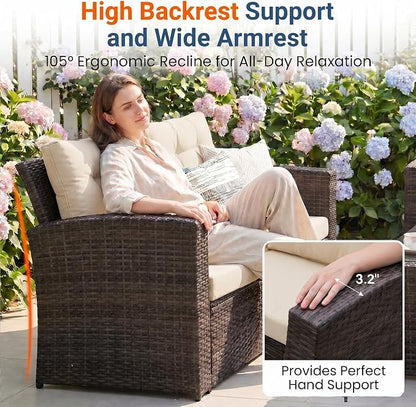 Wisteria Lane 4 Piece Patio Furniture Set, Wicker Outdoor Patio Conversation Furniture Set, All Weather Outdoor Patio Sofa with Cushion and Wood Table, Beige Wood