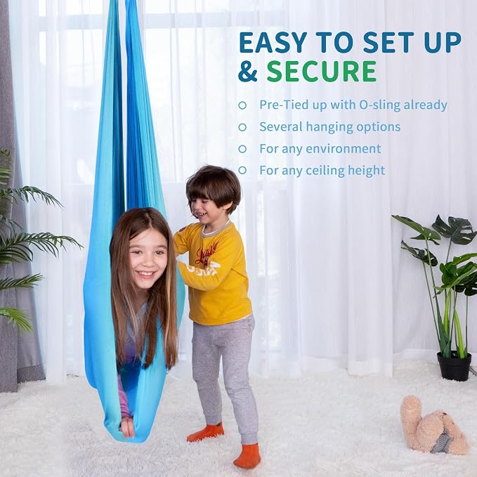 OUTREE Sensory Swing for Kids with 360° Swivel Hanger, Indoor Therapy Swing Great for Autism, ADHD, Sensory Processing Disorder, and Autistic Children (Blue/White)