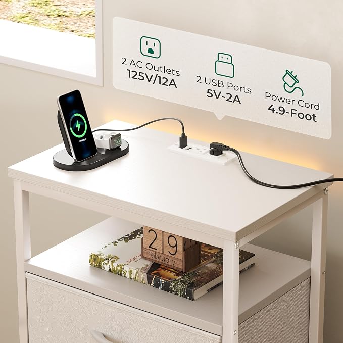 Huuger Night Stand with Charging Station, Multiple Drawer Dresser for Bedroom, Bedside Table, Tall Nightstand with PU Leather Finish, Open Shelf, End Table, for Closet, Entryway, Bedroom, White