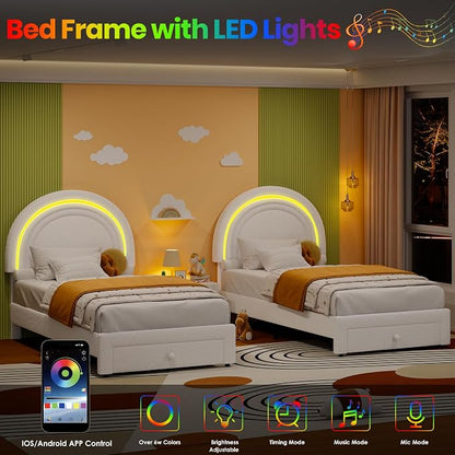 GarveeHome Twin Upholstered LED Bed Frame - with Storage Drawer and Rainbow Headboard, Berber Fleece Princess Platform Bed for Kids, Solid Wood Slat Support, No Box Spring Needed, Easy Assembly, White