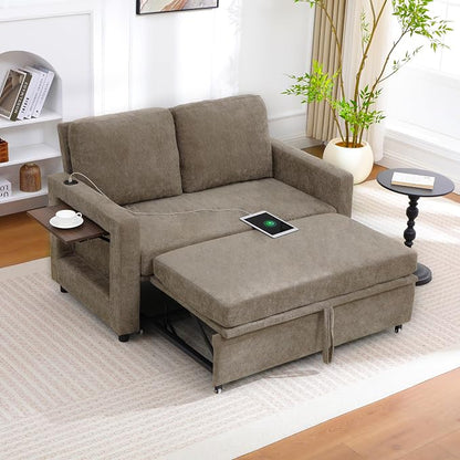 3 in 1 Folding Convertible Sleeper Sofa Bed Pull Out Couch with USB Port Side Pockets Side Table Loveseat Sofa Bed with Adjustable Backrest for Living Room Bedroom Office 66" Darkbrown 2 SEAT