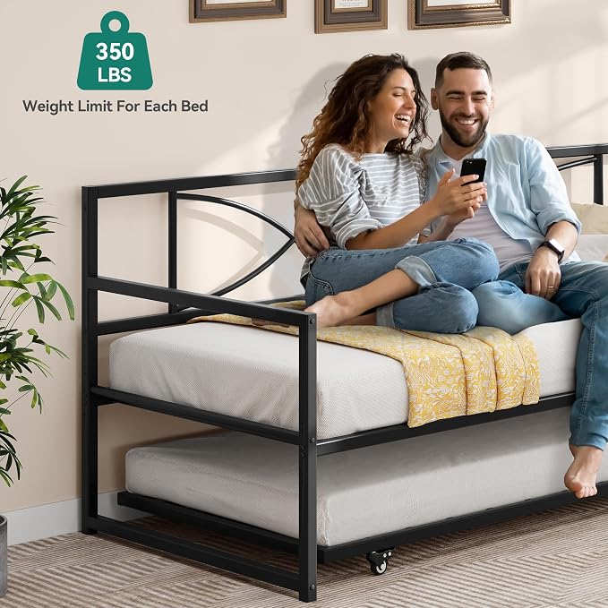 DWVO Twin Daybed with Trundle, Metal Sofa Bed with Adjustable Height,Trundle Bed with Heavy Duty Metal Slats, for Living Room, Bedroom, Guest Room, Space Saving, Black