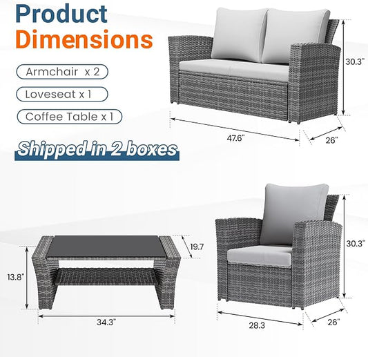 Wisteria Lane Patio Furniture Set, Wicker Outside Outdoor Furniture for All Weather, Patio Sofa with High Backrest Support and Wide Armrest for Backyard, Balcony, Deck, Porch, Ash Gray