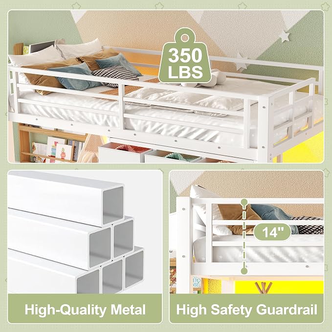 Bellemave Low Loft Bed Twin Size with Storage Stairs and Drawers, Metal Twin Loft Bed for Kids with LED Lights and Shelves, Low Profile Loft Bed Frame for Small Rooms, No Box Spring Needed, White