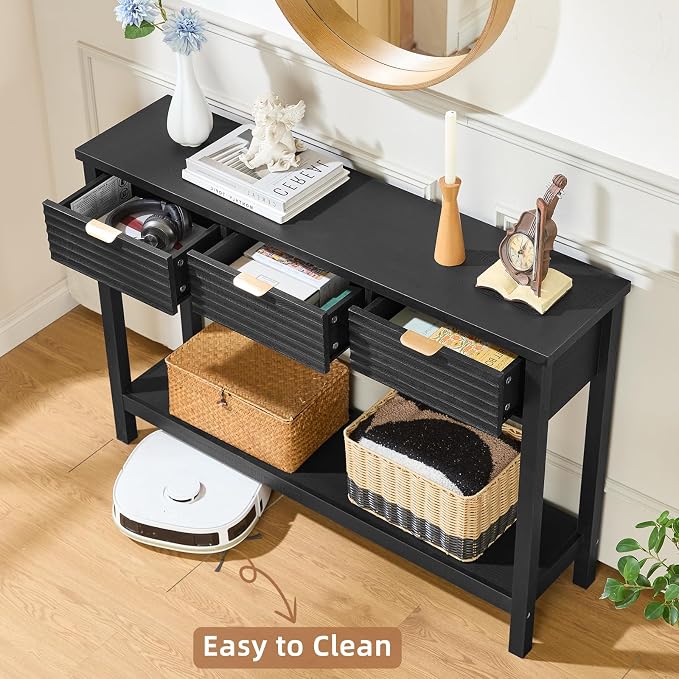 LEYAOYAO Fluted 47.2" Console Table with 3 Drawers, Modern Wood 2 Tier Entryway Table with Open Storage Shelf, Boho Sofa Entry Tables Behind Couch for Living Room, Hallway, Entrance Foyer, Black Oak