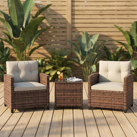 GarveeLife 3 Pieces Patio Furniture Set, PE Rattan Patio Conversation Set with Tempered Glass Tabletop, Outdoor Wicker Chairs and Table Set for Patio Balcony Garden, Brown & Beige