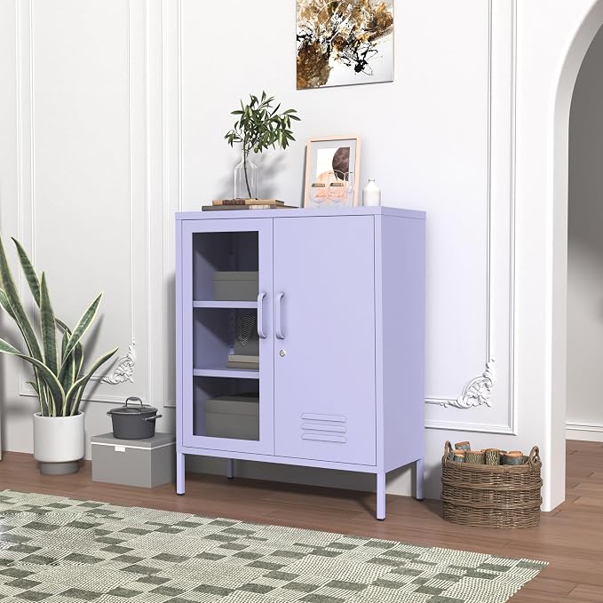 Metal Cabinet Metal Bathroom Storage Cabinet Metal Storage Cabinets with Glass Door and Adjustable Shelves Cabinet Storage for Coffee Bar for Homes, Living Rooms and Offices Purple 33''H