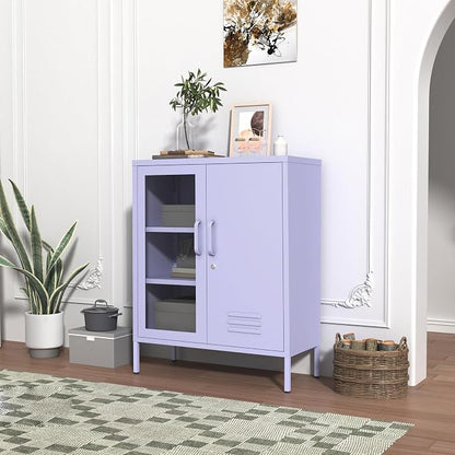 Metal Cabinet Metal Bathroom Storage Cabinet Metal Storage Cabinets with Glass Door and Adjustable Shelves Cabinet Storage for Coffee Bar for Homes, Living Rooms and Offices Purple 33''H