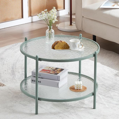 VINGLI 25.6" Small Light Bright Green Round Coffee Table Water-Wave Glass Circle Clear Center Coffee Table with 2-Tier Modern Storage Design for Living Room, Bedroom, Meeting Room, Balcony, Patio