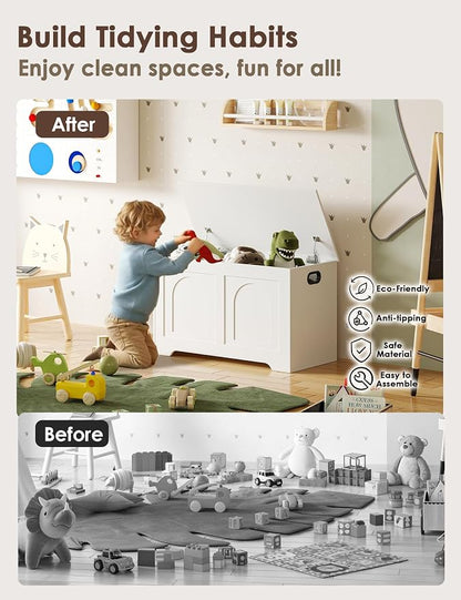DINZI LVJ Storage Chest, 31.5”Wooden Toy Box with 2 Safety Hinges, Entryway Storage Bench with Flip-Top, Sturdy Storage Trunk for Living Room, Bedroom, Easy Assembly, White
