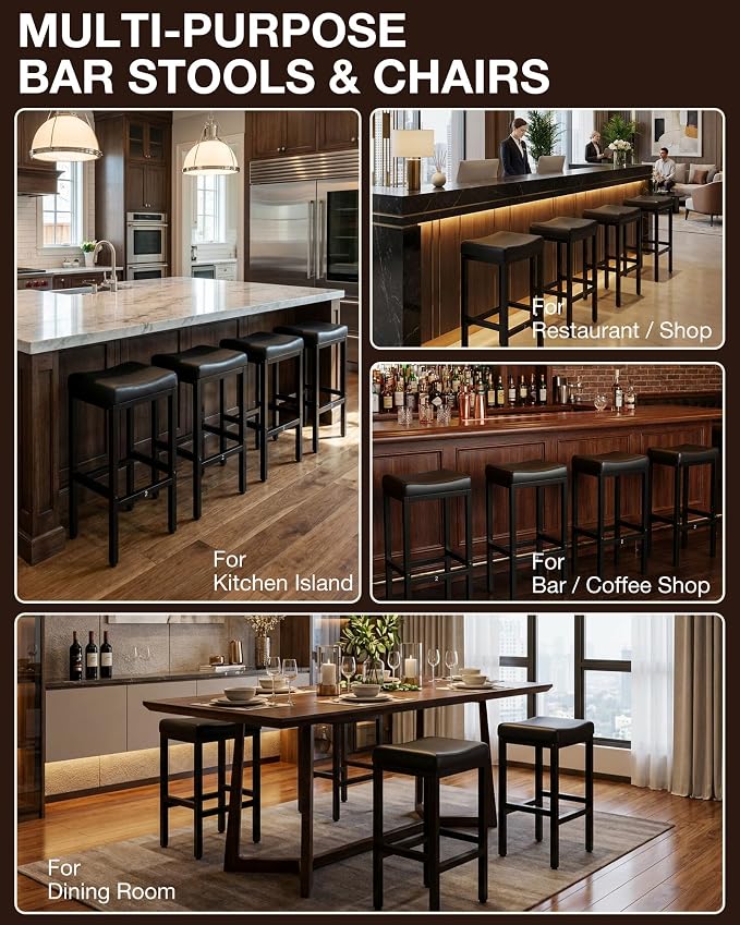 Bar Stools Set of 2-29 Inch Counter Height Chairs for Kitchen Island, Leather Seat with 400 LBS Heavy-Duty Metal Frame and Adjustable Feet, Easy to Assemble for Bar, Café or Dining Room,Black
