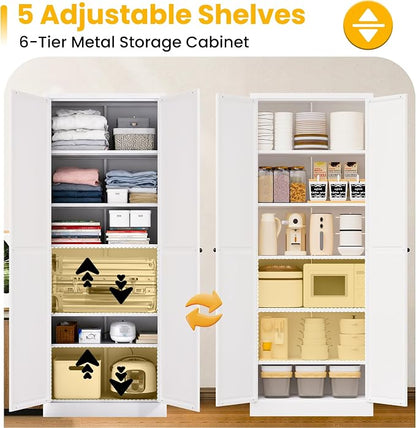 72" Metal Storage Cabinet, Large Capacity Pantry Cabinet with 6-Tier, Kitchen Storage Cabinet with 2 Doors and 5 Adjustable Shelves for Home, Kitchen, Dining, Living Room (White)