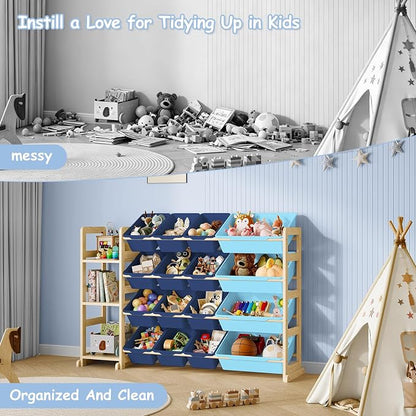 EXPERLAM Toy Storage Organizer, Toy Storage Shelf with 3 Shelves and 16 Storage Bins (12 Small + 4 Large), 3-in-1 Kids Bookshelf for Kids Rooms, Playroom, Nursery, Blue