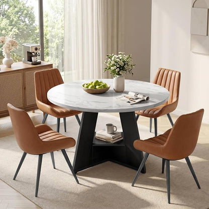 47.3 Inch Round Dining Table Set for 4, Round Kitchen Table with Chairs, Space Saving Dining Room Table set with Storage Shelf for Apartment Kitchen Dining Room, Faux Marble Table+4 Brown Chairs