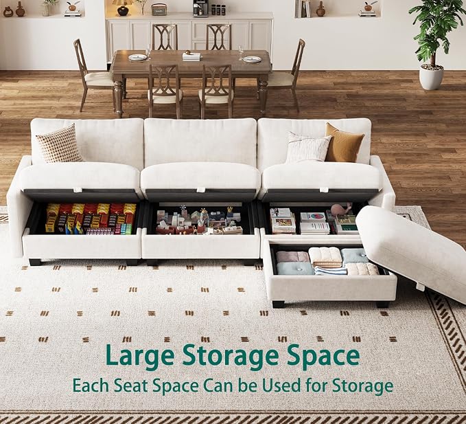Modular Sectional L Shaped Sofa Couches for Living Room, Cloud Couch with Storage Ottoman, Comfy Chenille Sofa with Pillow, Beige