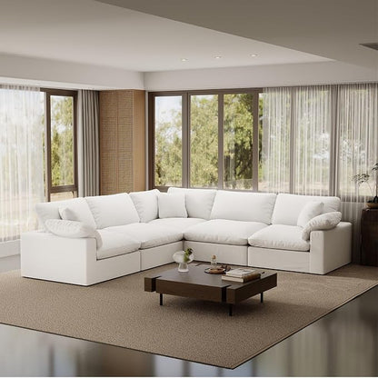 Cloud Modular Sectional Sofa,211.6" Down Filled Sofa 5 Seat with Chaise,Minimalist Sofa Cover Washable and Replaceable Couches for Living Room,Sectional Sofa Deep Seat White