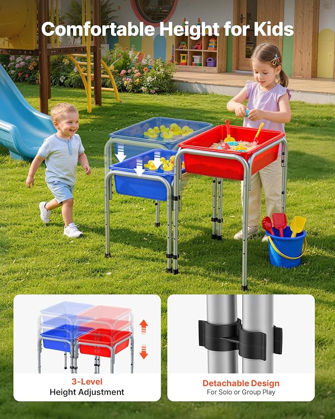 VEVOR Sensory Table for Toddlers, Kids 2-Station Sand and Water Adjustable Play Table with Detachable Storage Bins and Non-Slip Feet, Carbon Steel Frame, Rounded Corners, for Boys and Girls Exploring