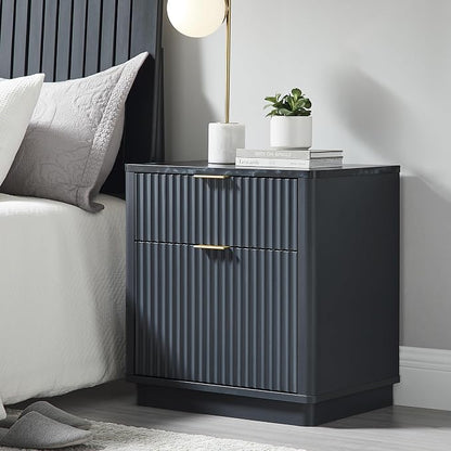 T4TREAM 23'' Fluted Nightstand with Charging Station, Large 2 Drawer Side Table, Modern End Table with Storage, Mid Century Bedside Table for Bedroom, Living Room, Curved Profile, Dark Grey