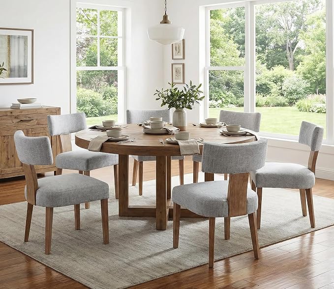 RIVOVA Mid Century Modern Dining Chairs Set of 4, Farmhouse Linen Fabric Upholstered Dining Room Chairs Kitchen Chairs with Curved Backrest Wood Legs, Grey