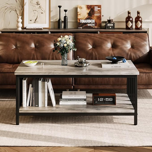 Homeiju Coffee Table for Living Room with Slatted Sides Frame, Modern Farmhouse Living Room Table with 2-Tier Storage Shelf for Home Office, Apartment, Grey Wash, 39 inch