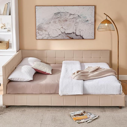 Bellemave Queen Size Corner Bed Frame with Comfortable Backrest and Armrests, Velvet Tufted Corner Bed Frame Queen Size, Upholstered Daybed for Bedroom, Living Room, Guest Room, Pink