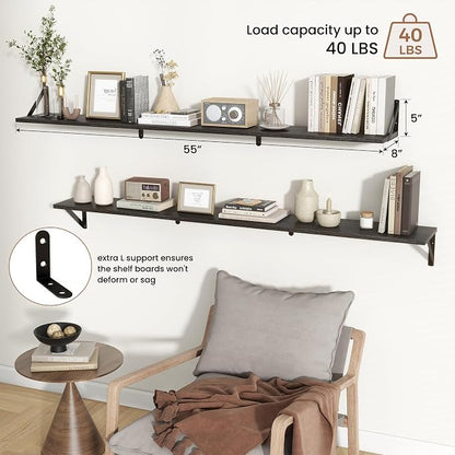 Axeman 55 Inch Floating Shelves | 8 Inch Deep Black Wall Shelves Set of 2 | 55" W x 8" D Rustic Black Wood Shelves for Bathroom Kitchen Living Room