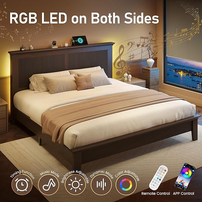 Lifezone Wood Queen Bed, Solid Wood Bed With Tall Headboard, American Vintage Design, Queen Bed With Charging Station & RGB LED, Wood Slats Support, Noise-Free, Sturdy Structure, Easy Assembly, Walnut