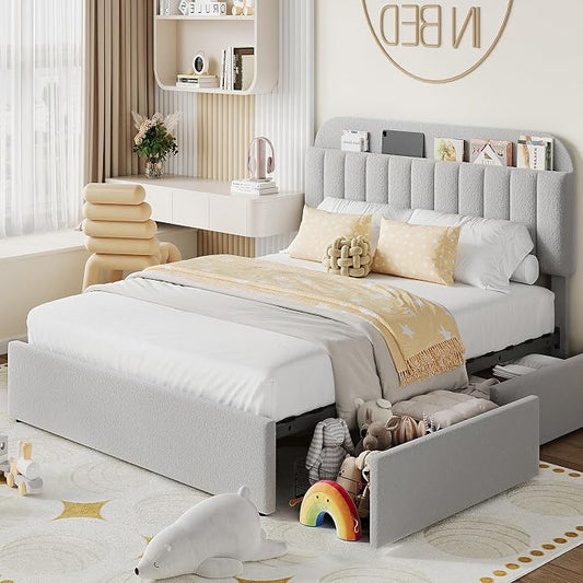 IDEALHOUSE Full Bed Frame with 2 Flexible Drawers and Bookcase Headboard, Boucle Upholstered Platform Bed for Boys/Girls, Noise-Free, Easy Assembly, No Box Spring Needed, Gray