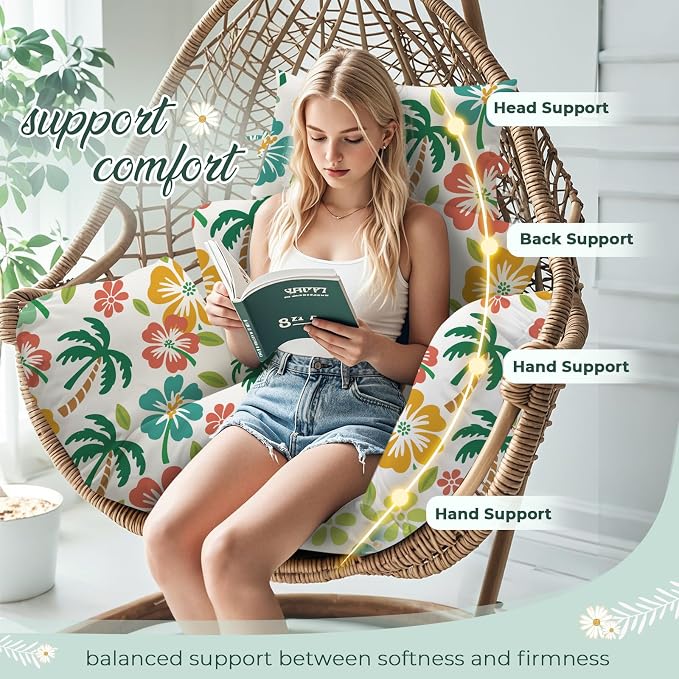 Waterproof Egg Chair Cushion Replacement 47x31.5x4.7 inch Thicken Hanging Egg Swing Chair Cushion Indoor Outdoor Wicker Rattan Hammock Basket Cushion with Headrest Pillow, Green Coconut Tree