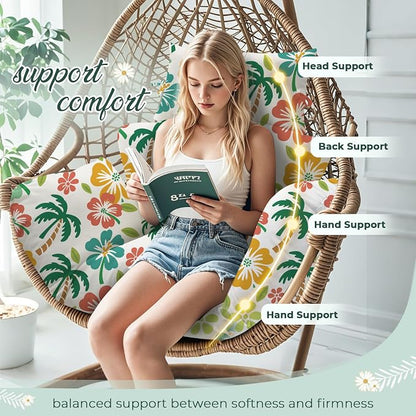 Waterproof Egg Chair Cushion Replacement 47x31.5x4.7 inch Thicken Hanging Egg Swing Chair Cushion Indoor Outdoor Wicker Rattan Hammock Basket Cushion with Headrest Pillow, Green Coconut Tree
