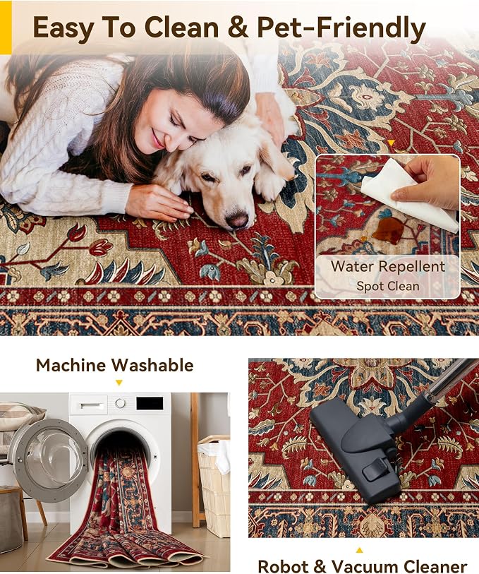 RELEANY Area Rugs Runner 2'x5' Washable Non-Slip, Floral Vintage Distress Medallion Carpet for Kitchen Hallway Bedroom Beside Laundry Room Bathroom, Red Blue