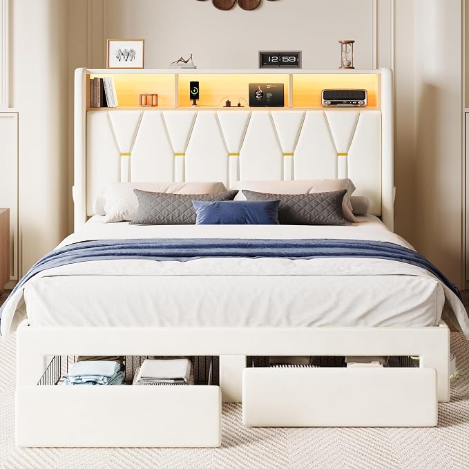 SHA CERLIN Full Velvet Platform Bed Frame with 2 Storage Drawers, LED Storage Headboard with Charging Station, Upholstered Wingback Headboard, Noise-Free, No Box Spring Needed, Easy Assembly, White