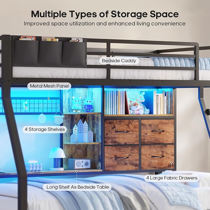 BTHFST Bunk Bed Twin Over Twin with 4 Storage Drawers & Shelves & Bedside Caddy, Twin Bunk Beds with LED Lights & Charging Station, Metal Loft Bed with Angled Ladder & Safety Guardrail, Rustic Brown
