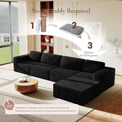 Vesgantti 159" Large Modular Sectional Sofa, L-Shaped Corduroy Cloud Couch with Deep Seats & Spring Support, 4-Seater Boneless Sofa with Movable Ottoman, No Assembly Needed, Black