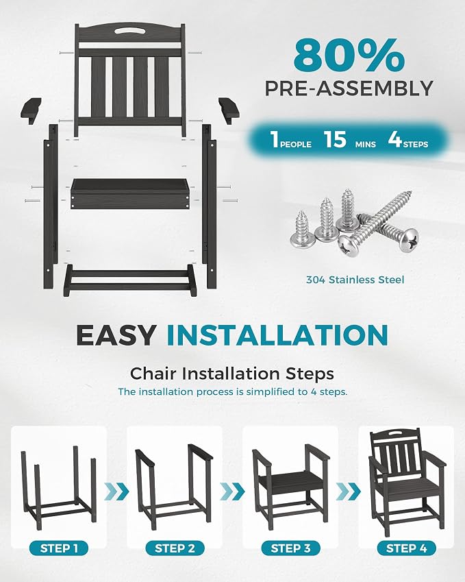 Ciokea HDPE Outdoor Patio Dining Chairs Set of 2, All-Weather Porch Chair with Wide Seat, Durable Outdoor Furniture for Backyard, Garden, Lawn & Poolside, Grey