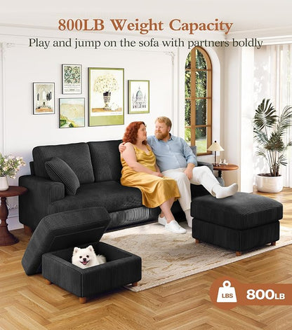 Kidirect 87in U Shaped Couch, Modular Sofa No Tool Assembly, Comfy Sectional Couches for Living Room 21in Deeper Seats, Corduroy Sofas for Living Room with 2 Pillows, Loveseat Sofa Set, Black Couch
