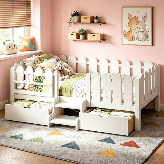 Bellemave Twin Size Platform Bed with Storage Drawers & Bookshelf for Boys Girls, Kids Twin Bed Frame with LED Lights & Stairs for Children's Room, White
