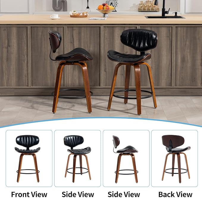 Bar Stools Set of 2, 24 inch PU Leather Wooden Bentwood Swivel Barstools Counter Height Modern Breakfast Bar Chairs with Backrest and Footrest for Kitchen Island, Dining Room D035-Black-2