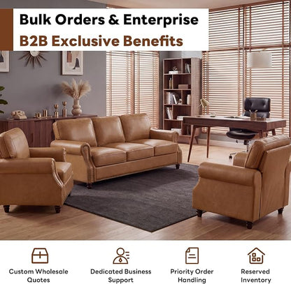 Kingfun 3 Seater Sofa, Mid-Century Modern Faux Leather Couch Set for Living Room, Brown with Rolled Arms & Nailhead Trim, Easy Assembly