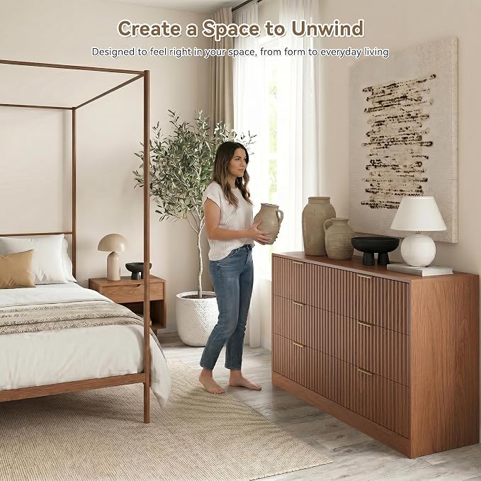 6 Drawer Dresser for Bedroom, 55" Wide Fluted Chest of Drawers with Gold Metal Handles, Wood Dresser Storage Organizer Mid Century TV Stand for Living Room Closet Hallway Light Walnut