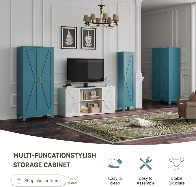 Baborokic 71" Armoire Wardrobe Closet with Hanging Rod,Metal Wardrobe Cabinet with Adjustable Shelves and Doors,Farmhouse Office Cabinets for Bedroom,Office,Laundry,Employee(Blue)