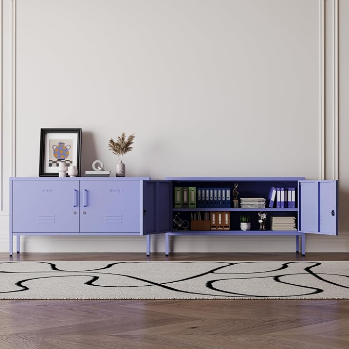 Purple Metal Accent Cabinet Locker with Lock, 2-Door Wide Storage Cabinet, Adjustable Shelves, Multifunctional TV Stand & Entertainment Center for Bedroom, Living Room