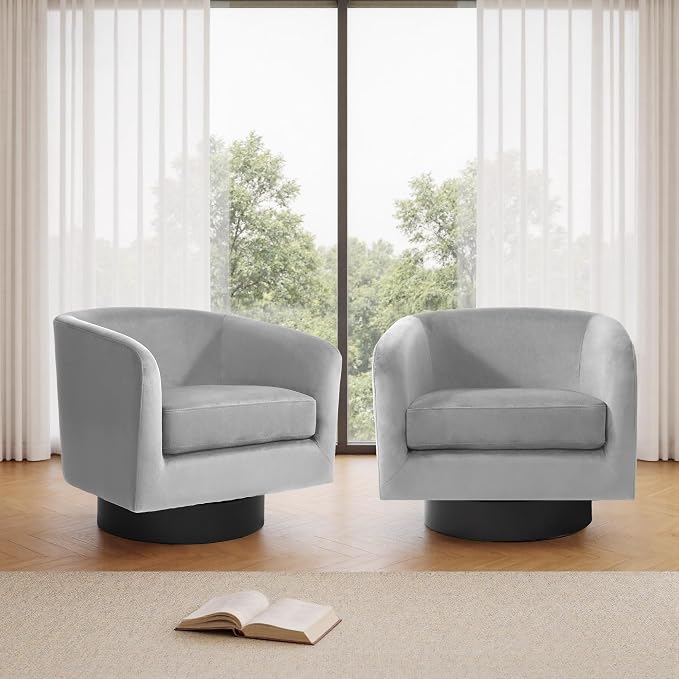 Swivel Barrel Accent Chairs Set of 2, Velvet Upholstered Armchair Modern Round Club Arm Chair for Living Room, Comfy Single Sofa Seating Bedroom Side Reading Seat for Home Office - Gray