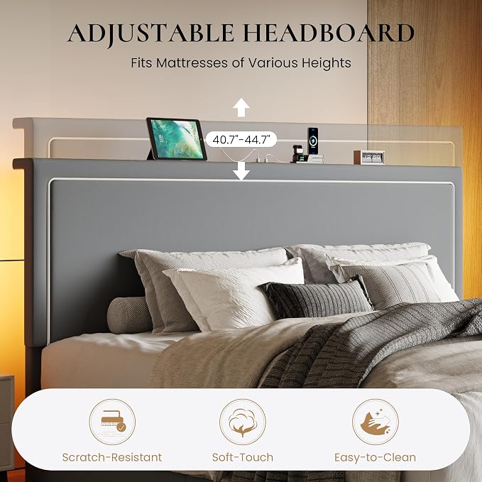 SHA CERLIN King Size Hydraulic Lift-Up Storage Platform Bed Frame with Charging Station, RGB LED Lights, Adjustable Velvet Headboard, USB-A and USB-C Ports, No Box Spring Needed, Grey