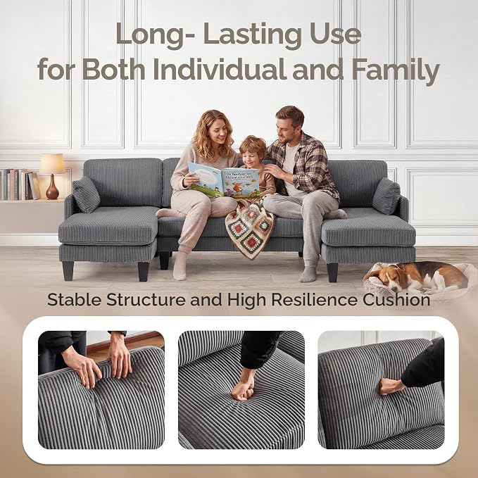 VINGLI 108" W U-Shaped Sectional Couches for Living Room, Sturdy Wooden Armrest Corduroy Cloud Couch with Double Chaise, High Support Modern 4-Seat Sectional Sofa for Apartment, Offices, Dark Grey