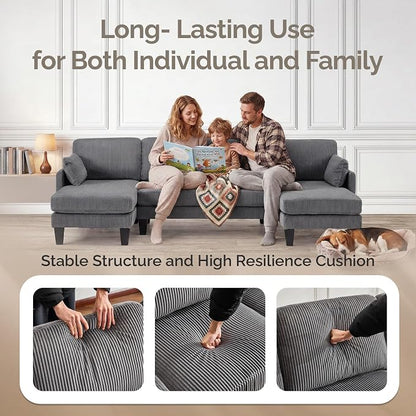 VINGLI 108" W U-Shaped Sectional Couches for Living Room, Sturdy Wooden Armrest Corduroy Cloud Couch with Double Chaise, High Support Modern 4-Seat Sectional Sofa for Apartment, Offices, Dark Grey