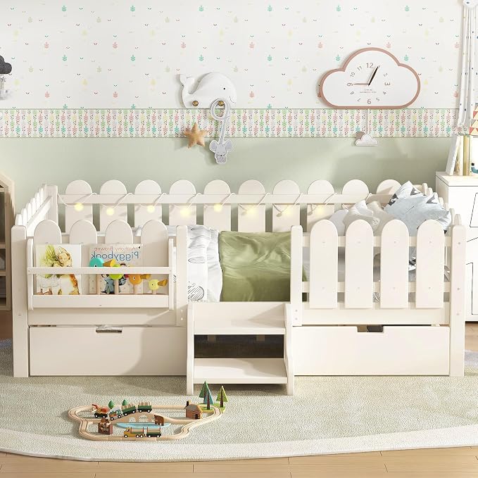 Bellemave Full Size Montessori Bed with Stairs, Lights, Rails and Slats, Full Size Montessori Floor Bed with Bookshelf and 2 Storage Drawers, Easy Assemble Beds Frame for Girls, Boys, Beige