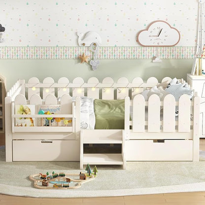 Bellemave Full Size Montessori Bed with Stairs, Lights, Rails and Slats, Full Size Montessori Floor Bed with Bookshelf and 2 Storage Drawers, Easy Assemble Beds Frame for Girls, Boys, Beige