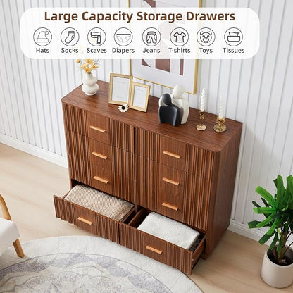 Fluted Dresser for Bedroom with 8 Drawers, 47" Wide Mid Century Modern Chest of Drawers, Wooden Dresser TV Stand, Wood Closet Clothes Storage Organizer for Living Room Hallway, Walnut