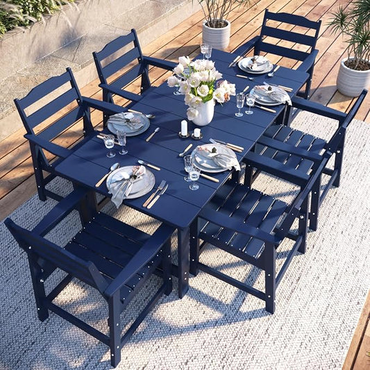 THOEOE 7 Piece Outdoor Dining Set, Patio Dining Table and 6 Chairs, All-Aluminum Frame, All-Weather HDPE Outdoor Furniture with Umbrella Hole for Garden, Lawn, Poolside, Navy Blue